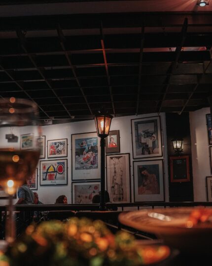 Iconic Tapas Bar in Mayfair interior with lampost in the evening