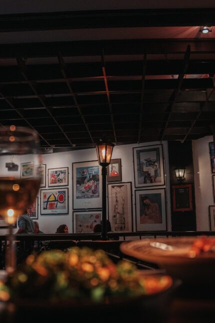 Iconic Tapas Bar in Mayfair interior with lampost in the evening