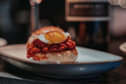 Mini chorizo egg burger served wine-tapas bar Mayfair