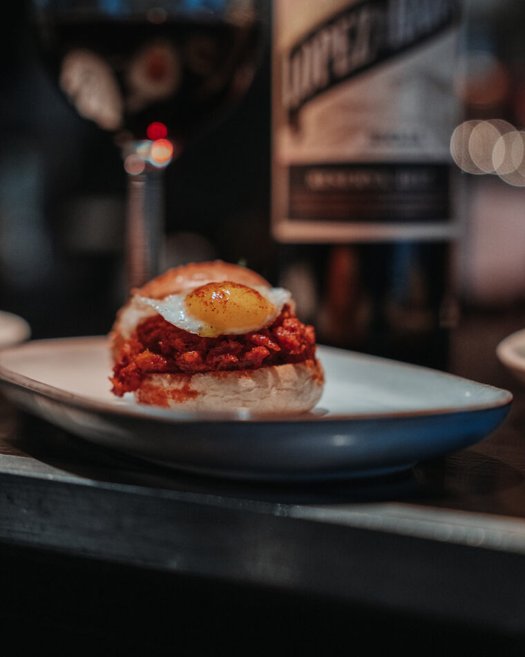 Mini chorizo egg burger served wine-tapas bar Mayfair