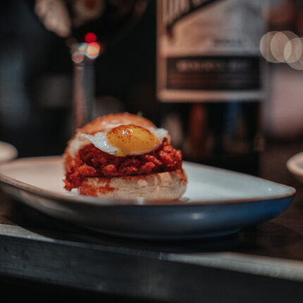 Mini chorizo egg burger served wine-tapas bar Mayfair