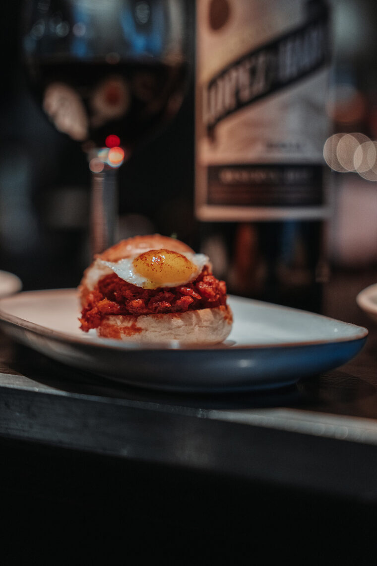 Mini chorizo egg burger served wine-tapas bar Mayfair