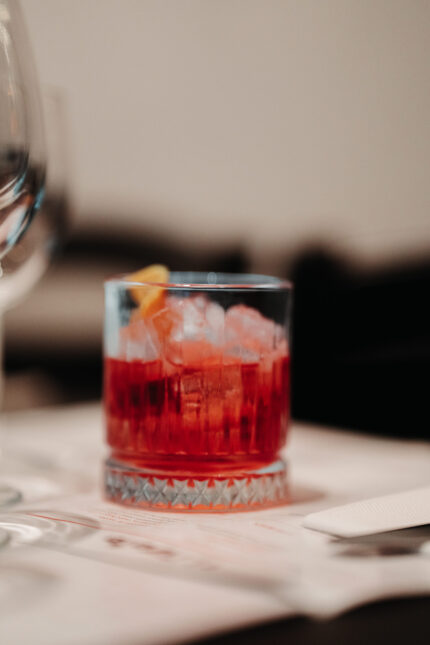Evening dinner menu, Negroni premium cocktail Mayfair wine bar.