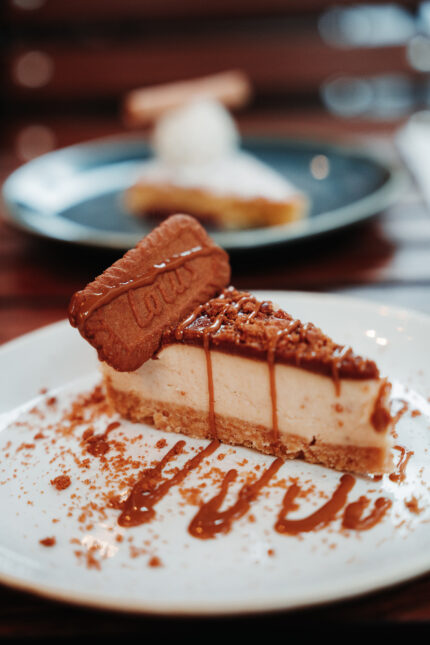 Romantic valentines Chocolate Cheese Cake slice with Espresso coffee served outside at El Pirata Tapas in Mayfair