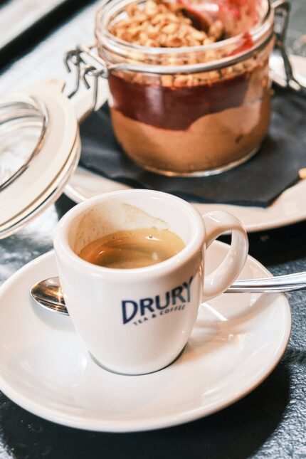 Chocolate Pot Espresso – rich chocolate coffee with desert served outside at El Pirata Tapas in Mayfair