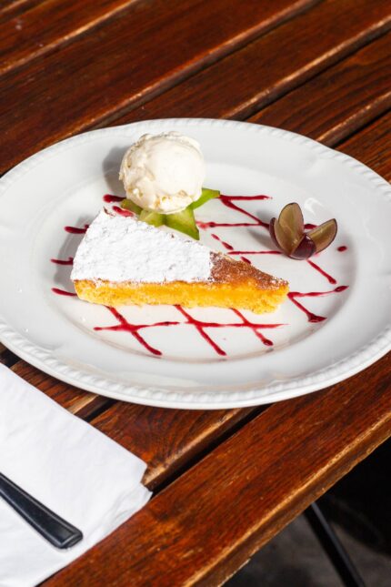 Tarta de Santiago famous Spanish dessert served outside our restaurant in Mayfair tapas bar