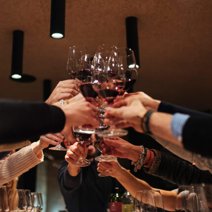 A large group of people clinking glasses of red wine together in a celebratory toast under modern lighting.